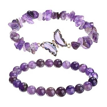 2 pc Crystal Bracelets for Women, Amethyst Beaded Bracelet Natural Gemstone Butterfly Charm Stretch