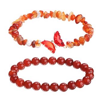 2 pc Crystal Bracelets for Women, Amethyst Beaded Bracelet Natural Gemstone Butterfly Charm Stretch