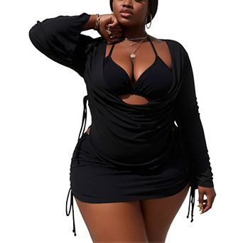 Women 4 pc Mesh Cover Up Bikini Set - Halter Triangle Swimsuit with Drawstring Mini Dress