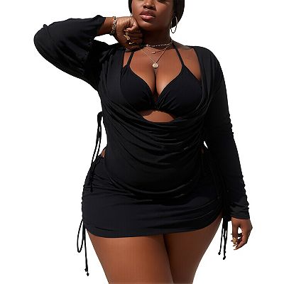 halter top swimsuit dress Dolfin Women's Aquashape Solid Wrap Halter Swim Dress - Black