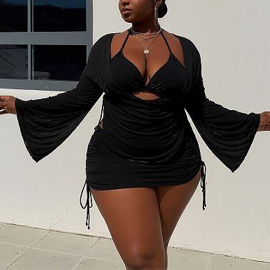 Women 4 Piece Mesh Cover Up Bikini Set - Halter Triangle Swimsuit with Drawstring Mini Dress