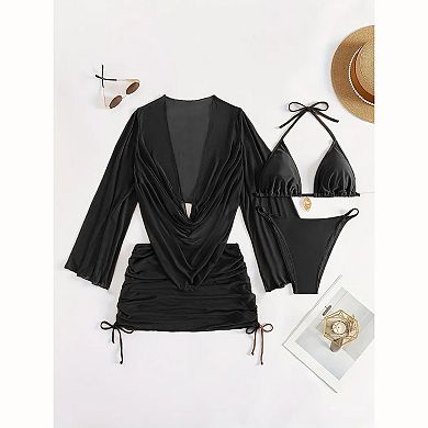 Women 4 Piece Mesh Cover Up Bikini Set - Halter Triangle Swimsuit with Drawstring Mini Dress