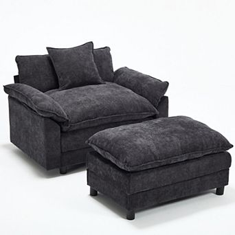 Heybly 45" Chenille Accent Chair with Ottoman, Oversized Upholstered Armchair for Living Room
