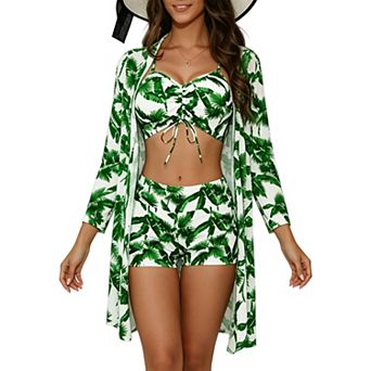 Women 3 pc Tropical Print Swimsuit Drawstring Bikini Shorts Long Sleeve Cover Up Beach Set