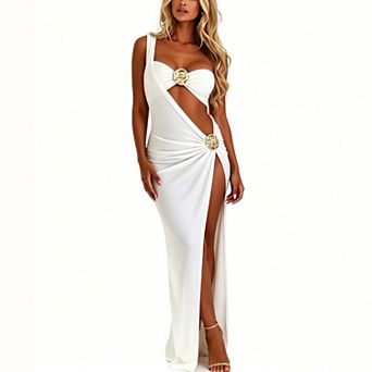 Women 3 pc Cover Up Bikini Set - One Shoulder Cutout Maxi Dress with Metal Ornament Swim Suit