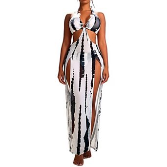 Women 3 pc Abstract Print Halter Bikini High Split Cover Up Maxi Dress Beach Swimsuit Set