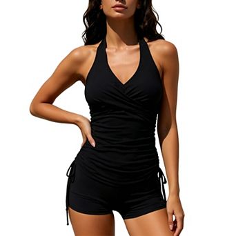 Women Halter V Neck 2 pc Tankini Swimsuit Wrap Ruched Top Adjustable Drawstring Boyshort Bottom