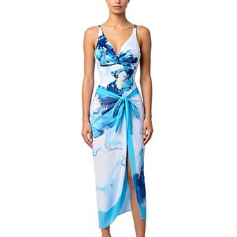 Women 2 pc Marble Swim Set - Twist V Neck One Piece & Tie Slit Sarong Cover Up