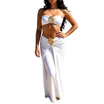 Women 3 pc Beach Outfit Strapless Crop Top Split Cover Up Pants Metal Decor Swimsuit Set