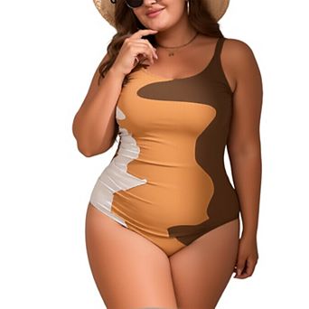 Women Abstract Color Block One Piece Swimsuit Adjustable Thin Strap Side Ruched Slim Bathing Suit
