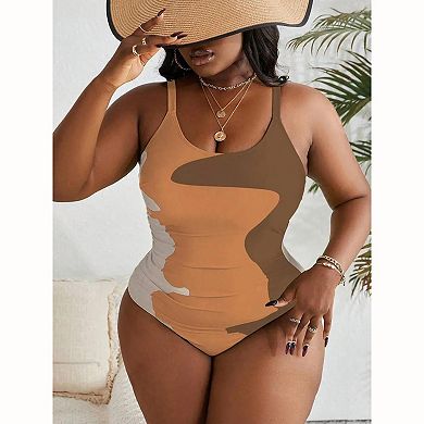 Women Abstract Color Block One Piece Swimsuit Adjustable Thin Strap Side Ruched Slim Bathing Suit