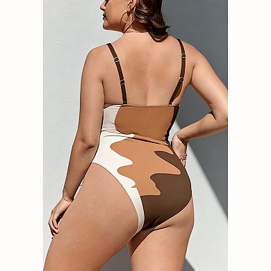 Women Abstract Color Block One Piece Swimsuit Adjustable Thin Strap Side Ruched Slim Bathing Suit