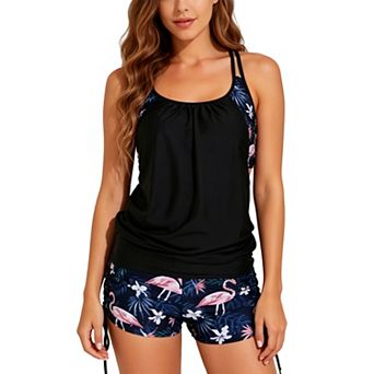 Women Halter Cutout Tankini Set Tropical Flamingo Print Side Drawstring Boyshort Swim Bottoms