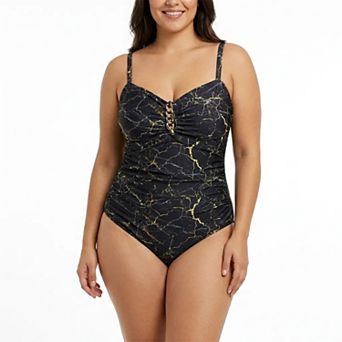 Women Gold Vein Marble One Piece Swimsuit Adjustable Thin Strap Chain Decor Ruched Bathing Suit