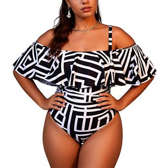 Women Geometric Print Off Shoulder One Piece Swimsuit Adjustable Spaghetti Strap Ruffle Bathing Suit