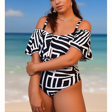 Women Geometric Print Off Shoulder One Piece Swimsuit Adjustable Spaghetti Strap Ruffle Bathing Suit