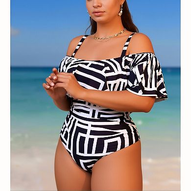 Women Geometric Print Off Shoulder One Piece Swimsuit Adjustable Spaghetti Strap Ruffle Bathing Suit