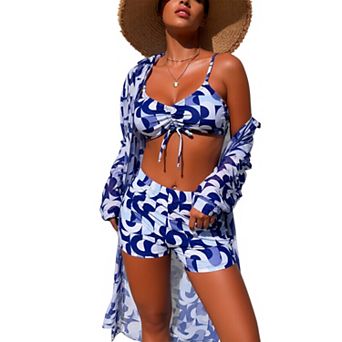 Women Abstract Geometric 3 pc Swimsuit Drawstring Bikini Boyshort Long Sleeve Cover Up Set