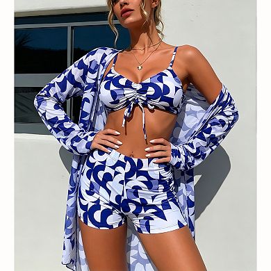 Women Abstract Geometric 3 Piece Swimsuit Drawstring Bikini Boyshort Long Sleeve Cover Up Set