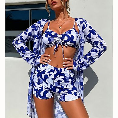 Women Abstract Geometric 3 Piece Swimsuit Drawstring Bikini Boyshort Long Sleeve Cover Up Set