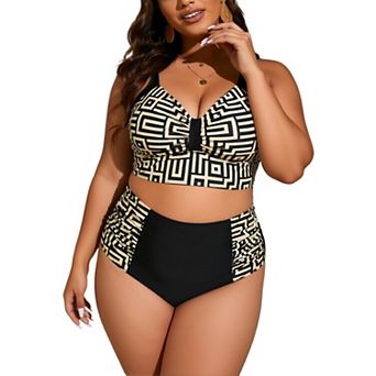 Women Geometric Maze Print High Waist Bikini Set Adjustable Thin Strap Ruched Crop Swim Top.