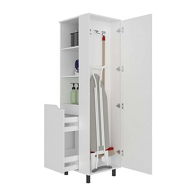 Aleneva Broom Storage Cabinet, Multi-Shelf Storage, 1Drawer and 4 legs, White