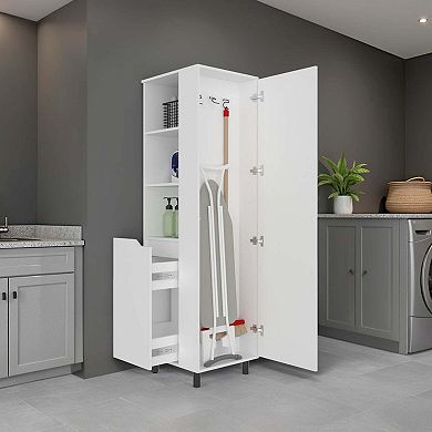 Aleneva Broom Storage Cabinet, Multi-Shelf Storage, 1Drawer and 4 legs, White