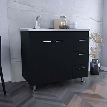 Rushville Base Double Door Cabinet, Three Drawers, Black Wengue