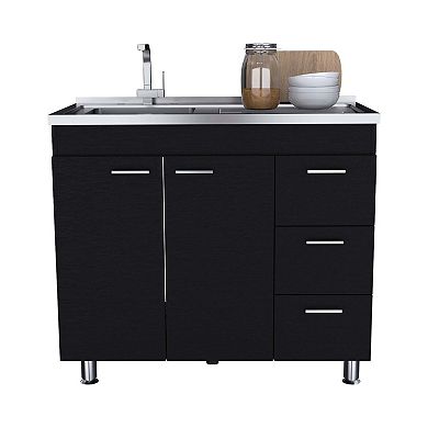 Rushville Base Double Door Cabinet, Three Drawers, Black Wengue