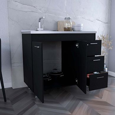 Rushville Base Double Door Cabinet, Three Drawers, Black Wengue
