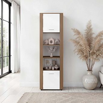 Kasaan Bookcase with Upper and Lower Doors, Open Display Shelves and Vertical Storage Design