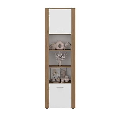 Kasaan Bookcase with Upper and Lower Doors, Open Display Shelves and Vertical Storage Design