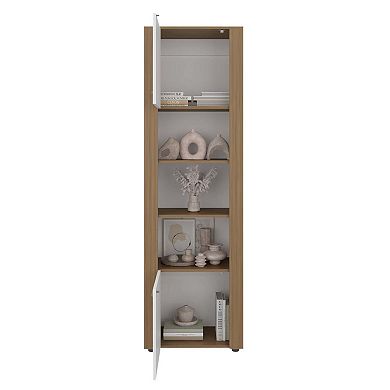 Kasaan Bookcase with Upper and Lower Doors, Open Display Shelves and Vertical Storage Design