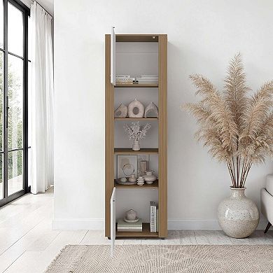 Kasaan Bookcase with Upper and Lower Doors, Open Display Shelves and Vertical Storage Design