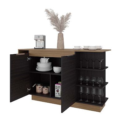 Dwight Kitchen Bar Counter with Shelves and Cabinets, Black Wengue / Natural Oak