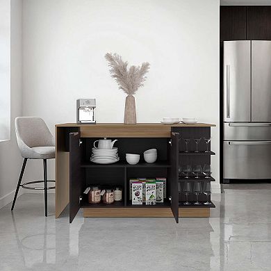 Dwight Kitchen Bar Counter with Shelves and Cabinets, Black Wengue / Natural Oak