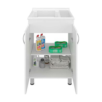 Dunn Freestanding Utility Tub Cabinet, 2 Doors, 2 Shelves, Integrated Sink, 4 Legs