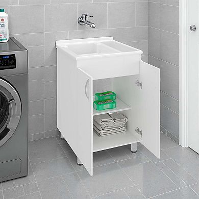 Dunn Freestanding Utility Tub Cabinet, 2 Doors, 2 Shelves, Integrated Sink, 4 Legs
