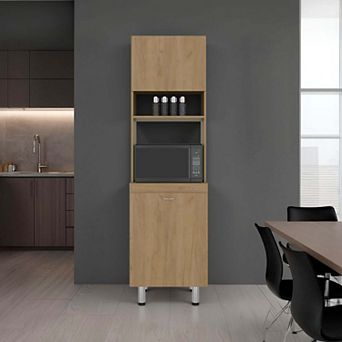 Fingal Kitchen Pantry with Microwave Space, Four Shelves and Closed Storage, Natural Oak