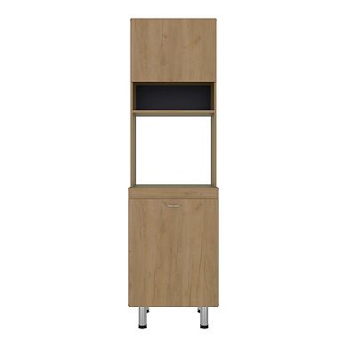 Fingal Kitchen Pantry with Microwave Space, Four Shelves and Closed Storage, Natural Oak