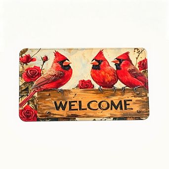 Red Cardinal Bird Rose Welcome Floor Mat Rustic Farmhouse Entry Rug