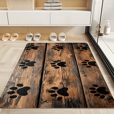 Retro Wood Plank Paw Print Floor Mat Durable Pet Friendly Rug