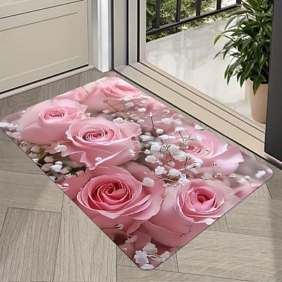 Soft Pink Rose Print Floor Mat Elegant Romantic Bedroom Rug
