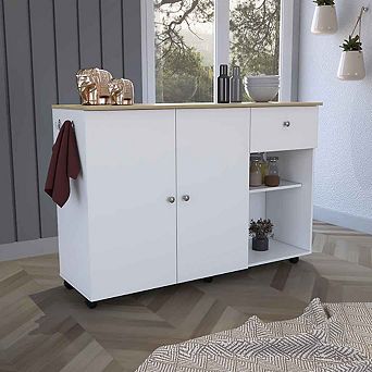 Syros Kitchen Island Cart, 1 Drawer, Double Door Cabinet, 6 Casters, Interior & Side Shelves