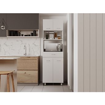 Mucura Microwave Double Door Cabinet, One Drawer, One Shelf For Microwave, White