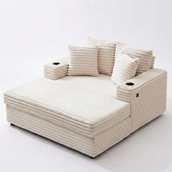 Oversized Corduroy Chaise Lounge Chair with Cup Holder & USB Charging Port, 54" Wide Plush Sofa