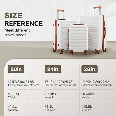 Quick Deer 3 Piece Hardside Luggage Set with Spinner Wheels and TSA Lock White