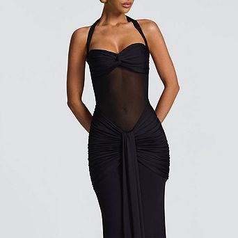 Women's Elegant Halter Neck Dress Ruched, Bodycon Maxi Dress with Flowing Sashes