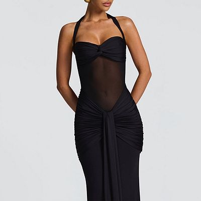 halter neck bodycon maxi dress Noor Ruched Halter Maxi Dress in Black