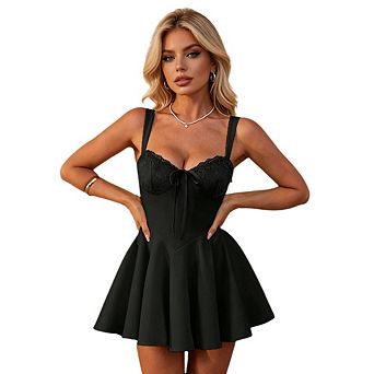 Women's Sleeveless Strappy Lace Bodycon Dress with Front Bow Tie Backless Flowy A Line Mini Dress